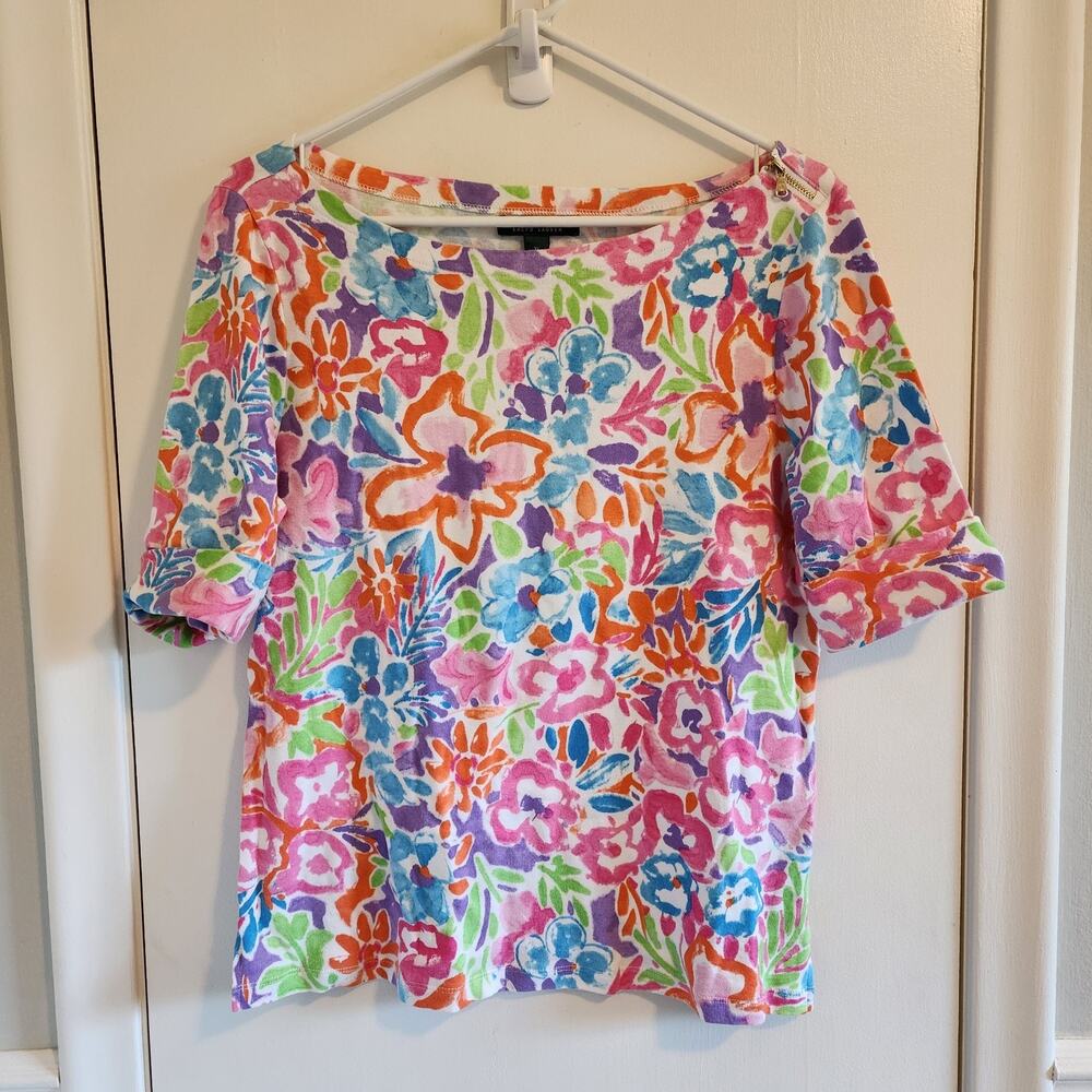 Lauren Ralph Lauren XL Floral Top Cotton Blouse Zipper Detail
